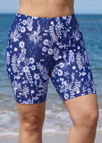 Navy Floral Print High Waist Knee Length Swim Shorts Beach Bottom
