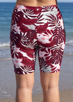Plus Size Red Floral Print High Waist Knee Length Swim Shorts Beach Bottom
