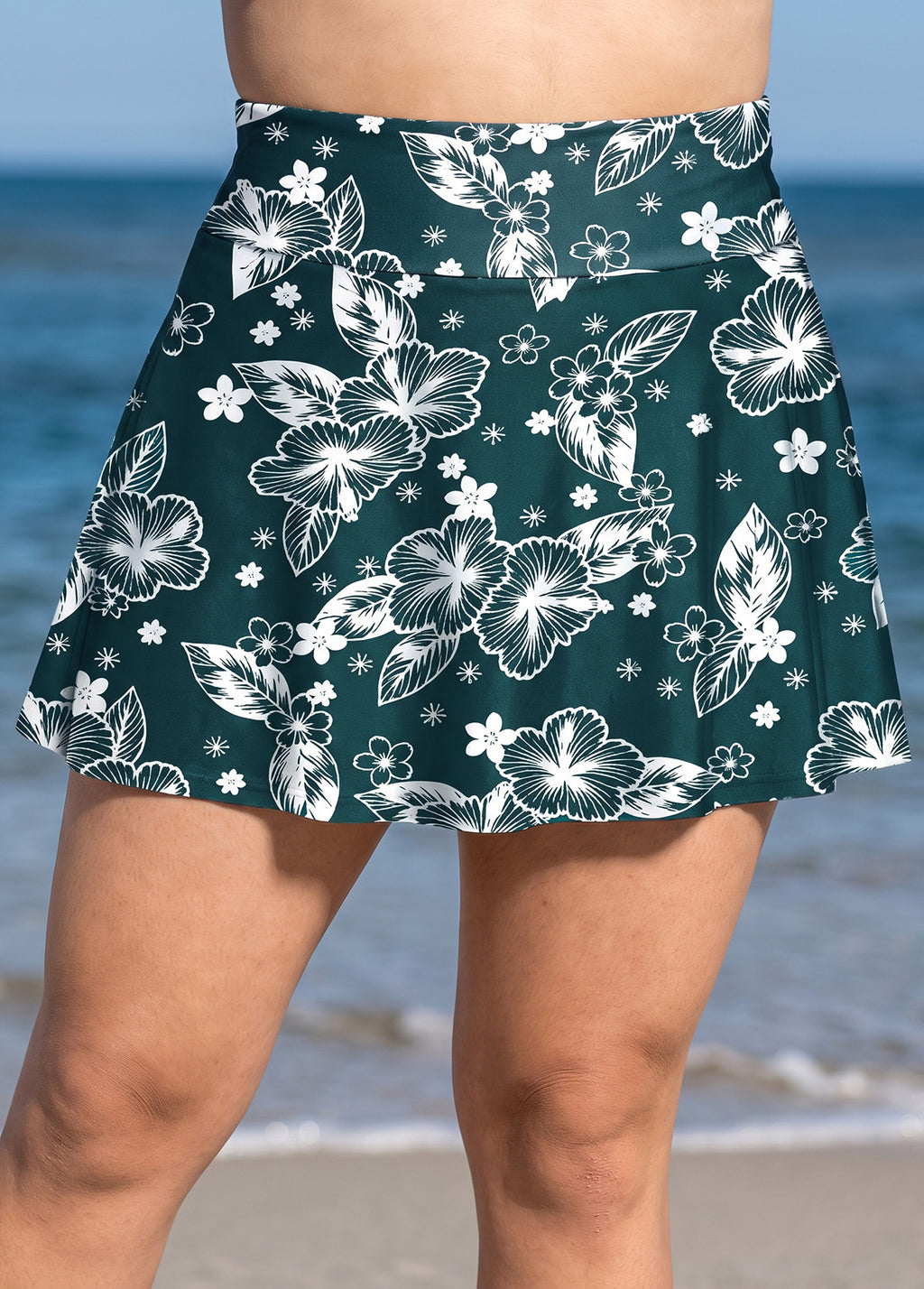 Plus Size Green Floral Print High Waist Modest Flare Slim Fit Swim Bottom