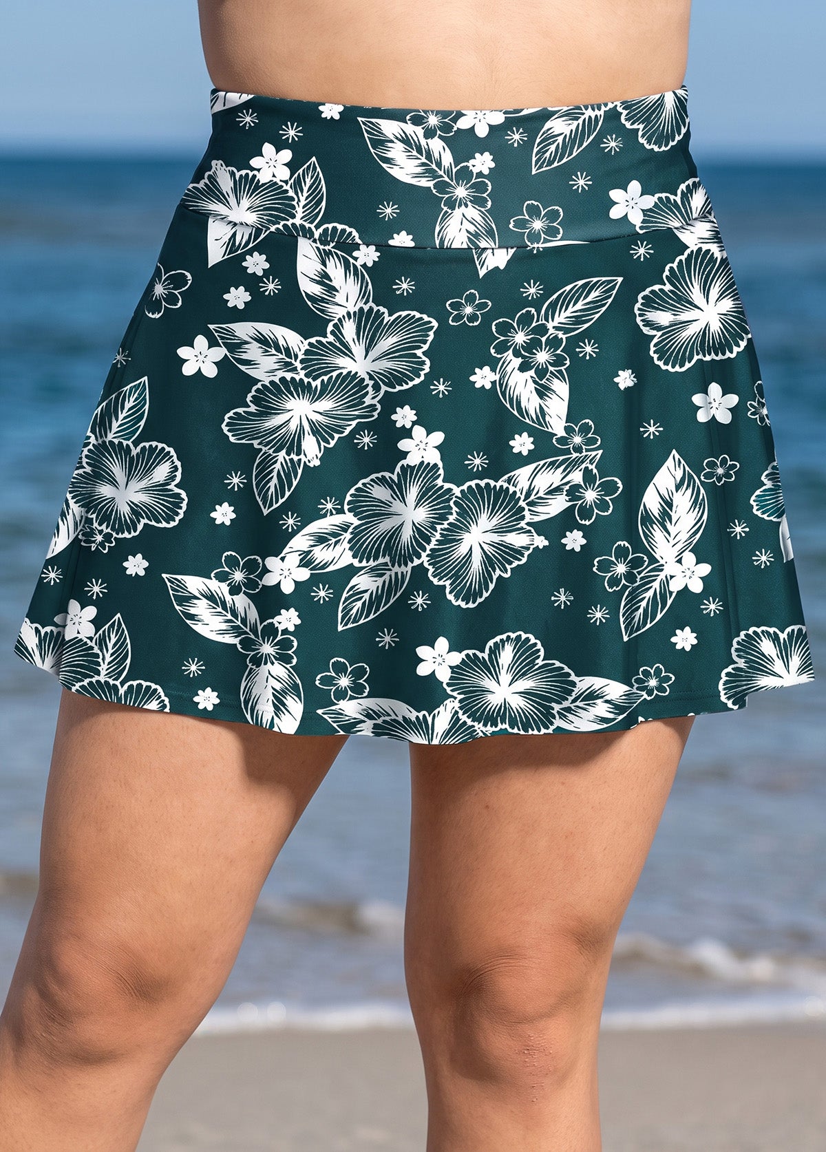Plus Size Green Floral Print High Waist Modest Flare Slim Fit Swim Bottom