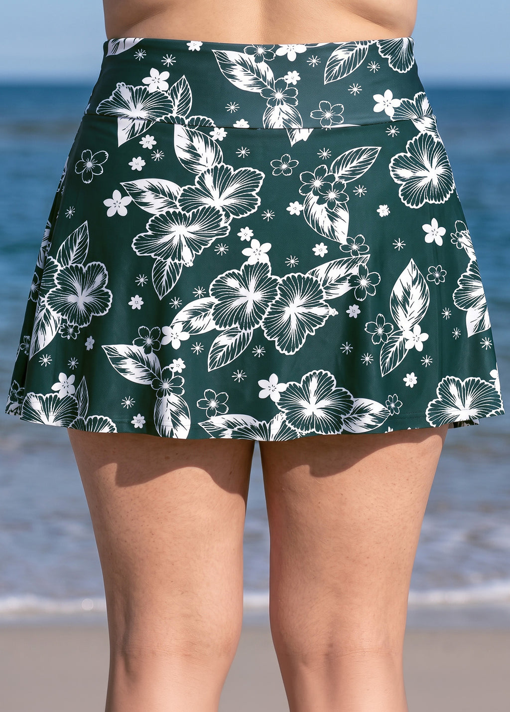 Plus Size Green Floral Print High Waist Modest Flare Slim Fit Swim Bottom