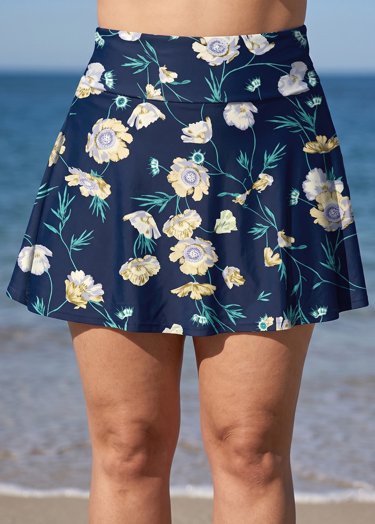 Navy Floral Print High Waist Flattering Curvy Flare Slim Fit Swim Bottom