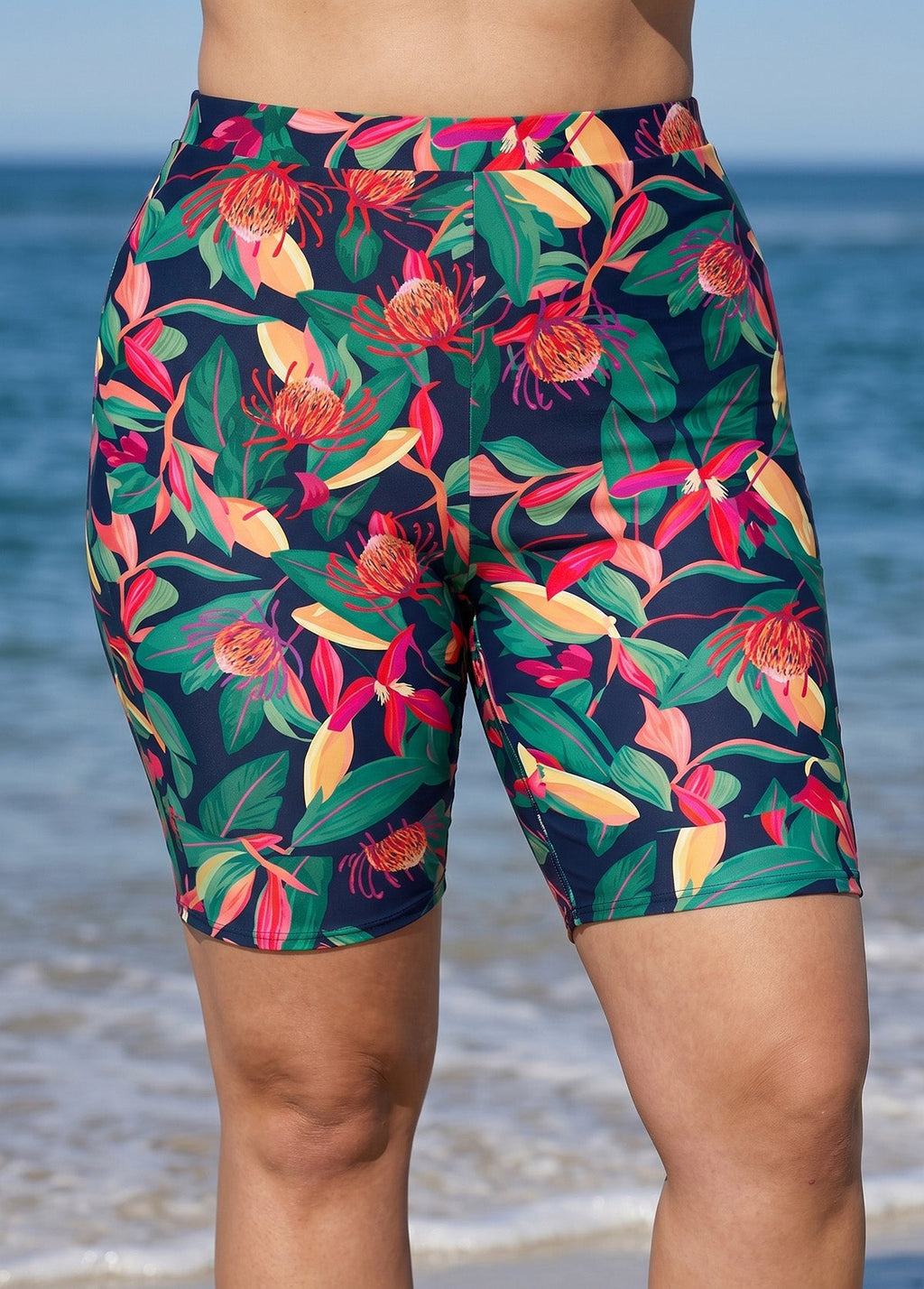 Plus Size Navy Floral High Waist Knee Length Slim Fit Swimsuit Bottom