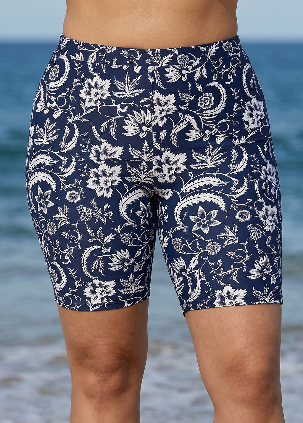 Navy Floral High Waist Knee Length Slim Fit Plus Size Swimsuit Bottom