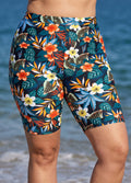 Green Tropical Floral High Waist Knee Length Slim Fit Curvy Women's Swimsuit Bottom