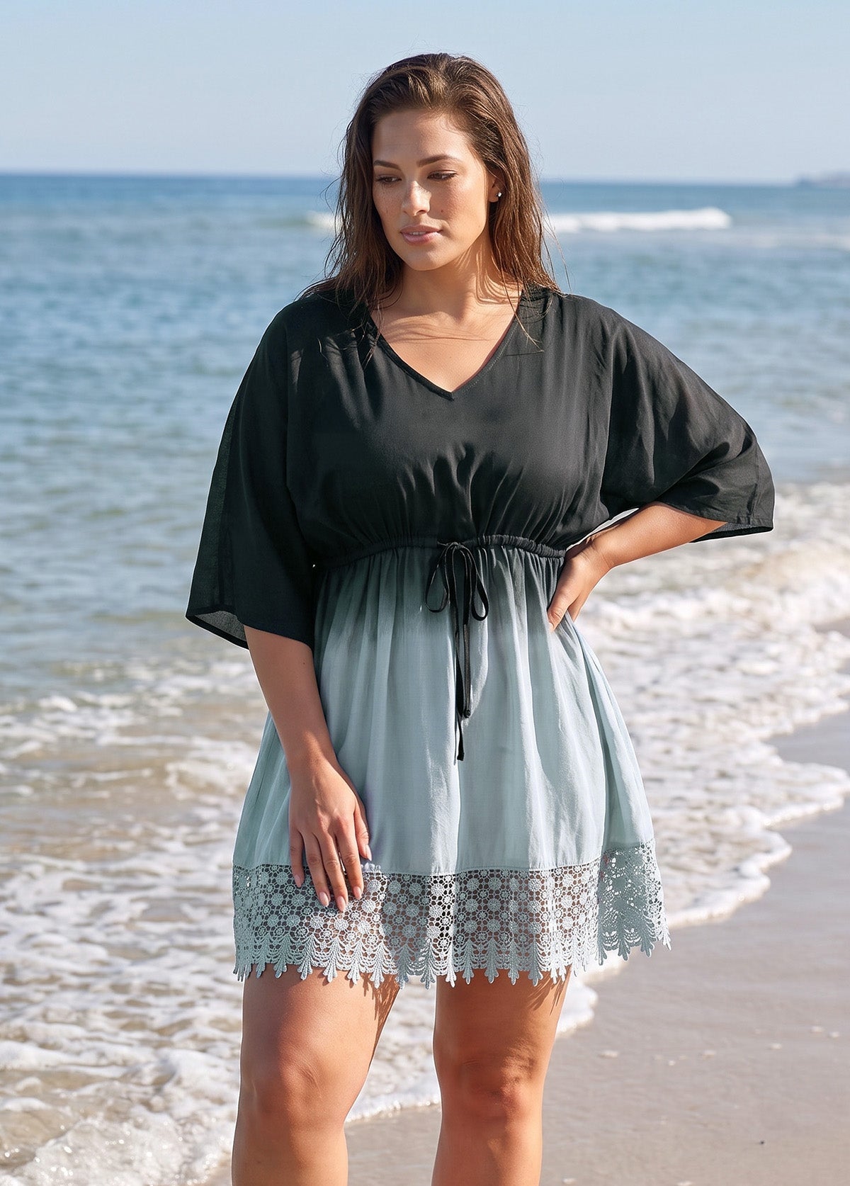 Plus Size Deep V-Neck Tie-Dye Print Cover Up Dress