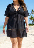 Black Fashionable Plus Size Hollow Out Short Sleeve Cover Up