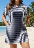 Plus Size Navy Striped Drawstring Hooded Beach Cover Ups Tee Dress
