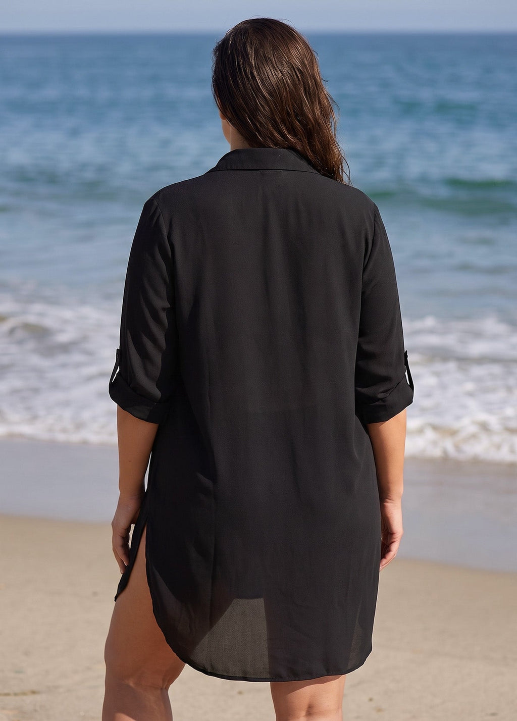 Plus Size Black V-neck Side Split Cover Up Shirt Beach Dress
