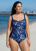 Blue Floral Tummy Control Curvy Swimwear Bathing Suits One Piece Swimsuit