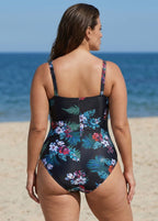 Black Floral Print V Neck Waist Detail One Piece Swimsuit