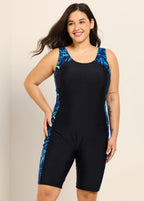 Black Cyan Gradient Pattern Tummy Control Plus Size Swimsuit One Piece Swim Romper