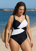 Black And White V Neck Crossover Pleated One Piece Swimsuit