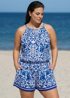 Plus Size Blue Floral Print High Neck Flattering Pocket Swimsuit One Piece Swim Romper