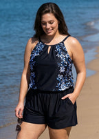 Black Floral Keyhole Neck Flattering Pocket Curvy Women's Swimsuit One Piece Swim Romper
