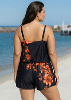 Curvy Red Tropical Floral Keyhole Neck Modest Pocket Women's Swimsuit One Piece Swim Romper