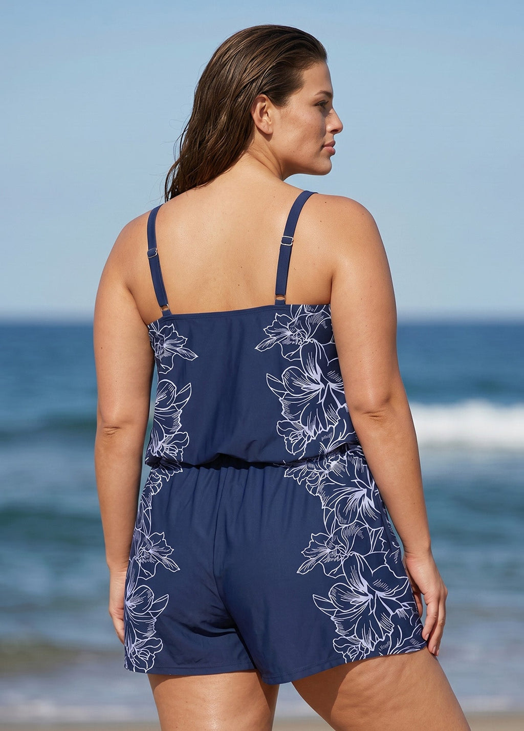 Curvy Navy Floral High Neck Vintage Pocket Women's Swimsuit One Piece Swim Romper