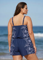 Curvy Navy Floral High Neck Vintage Pocket Women's Swimsuit One Piece Swim Romper