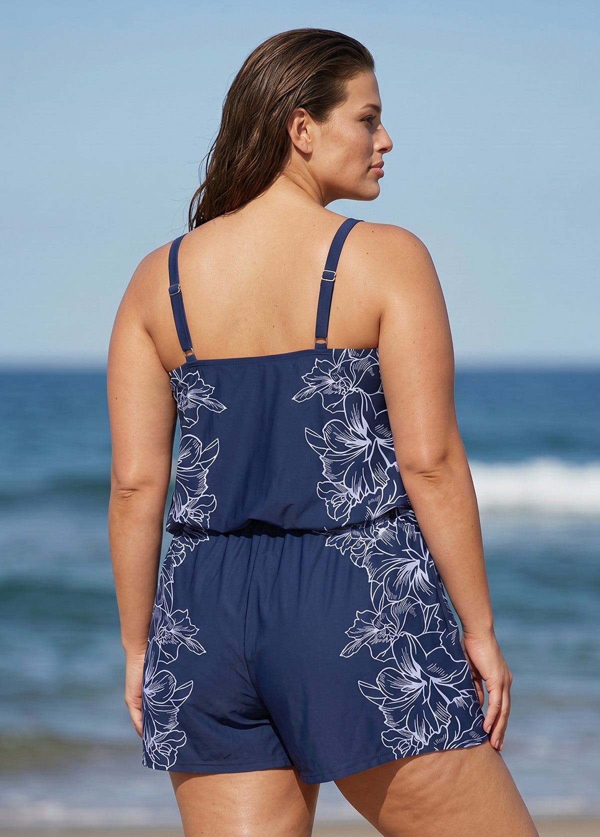 Curvy Navy Floral High Neck Vintage Pocket Women's Swimsuit One Piece Swim Romper