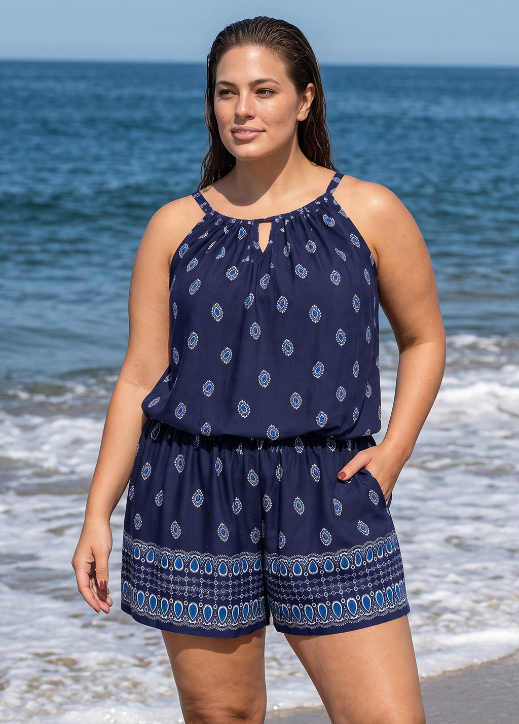 Plus Size Navy Paisley Print High Neck Keyhole Cutout Vintage Pocket One Piece Swim Romper