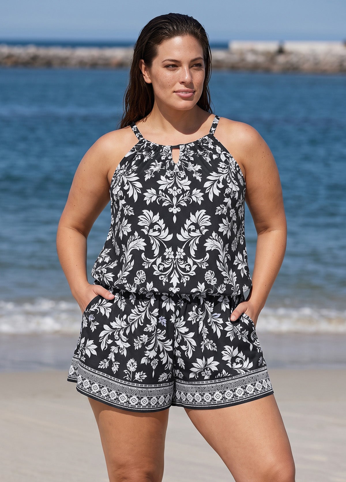 Curvy Black Floral High Neck Keyhole Cutout Modest Pocket Women's One Piece Swim Romper