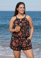 Black Boho Floral High Neck Keyhole Cutout Flattering Pocket Plus Size One Piece Swim Romper