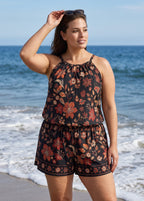 Black Boho Floral High Neck Keyhole Cutout Flattering Pocket Plus Size One Piece Swim Romper