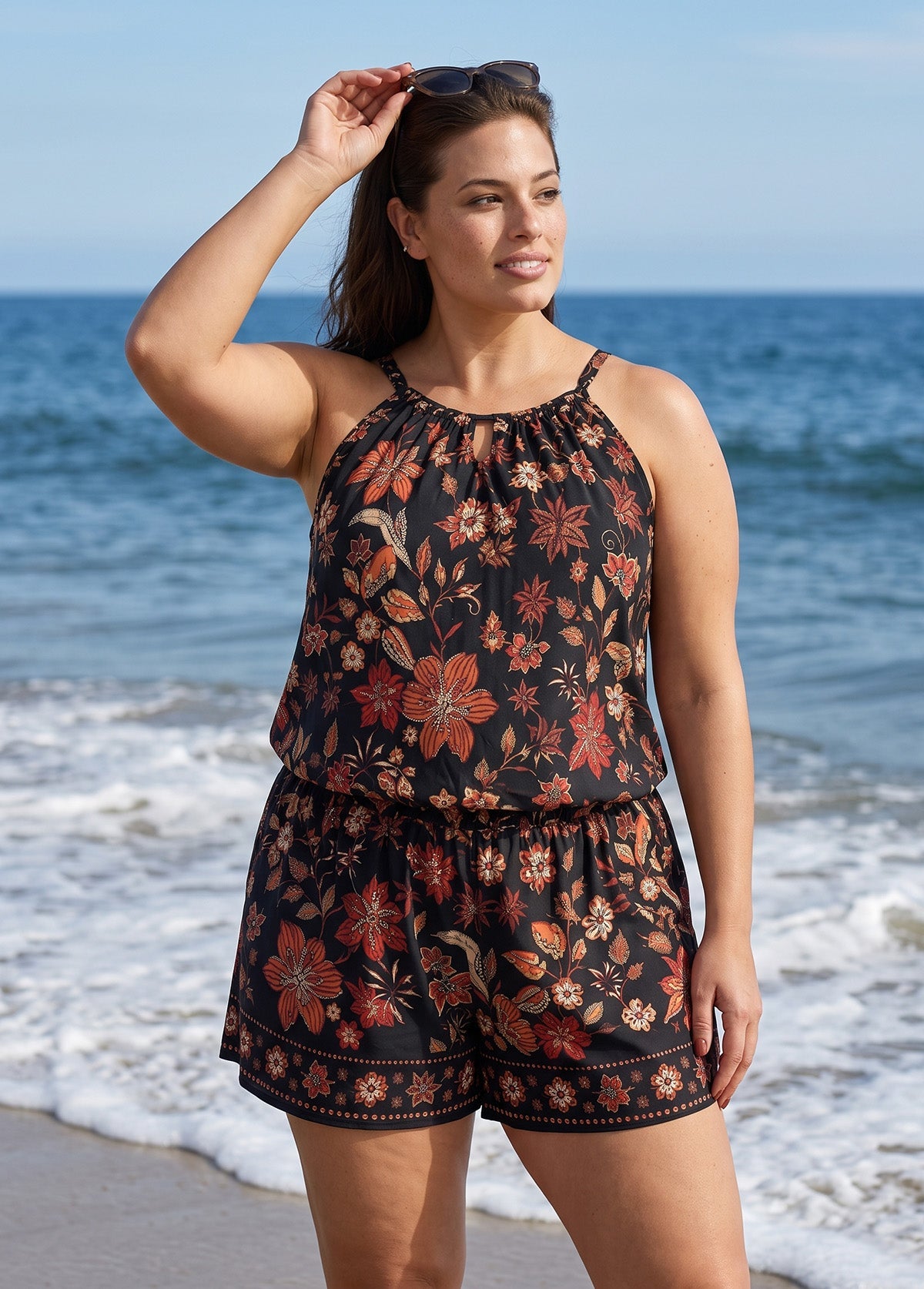 Black Boho Floral High Neck Keyhole Cutout Flattering Pocket Plus Size One Piece Swim Romper