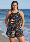 Black Bright Floral High Neck Keyhole Cutout Vintage Pocket Curvy Women's One Piece Swim Romper