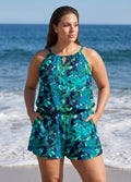 Plus Size Green Leaf Print High Neck Keyhole Cutout Modest Pocket One Piece Swim Romper