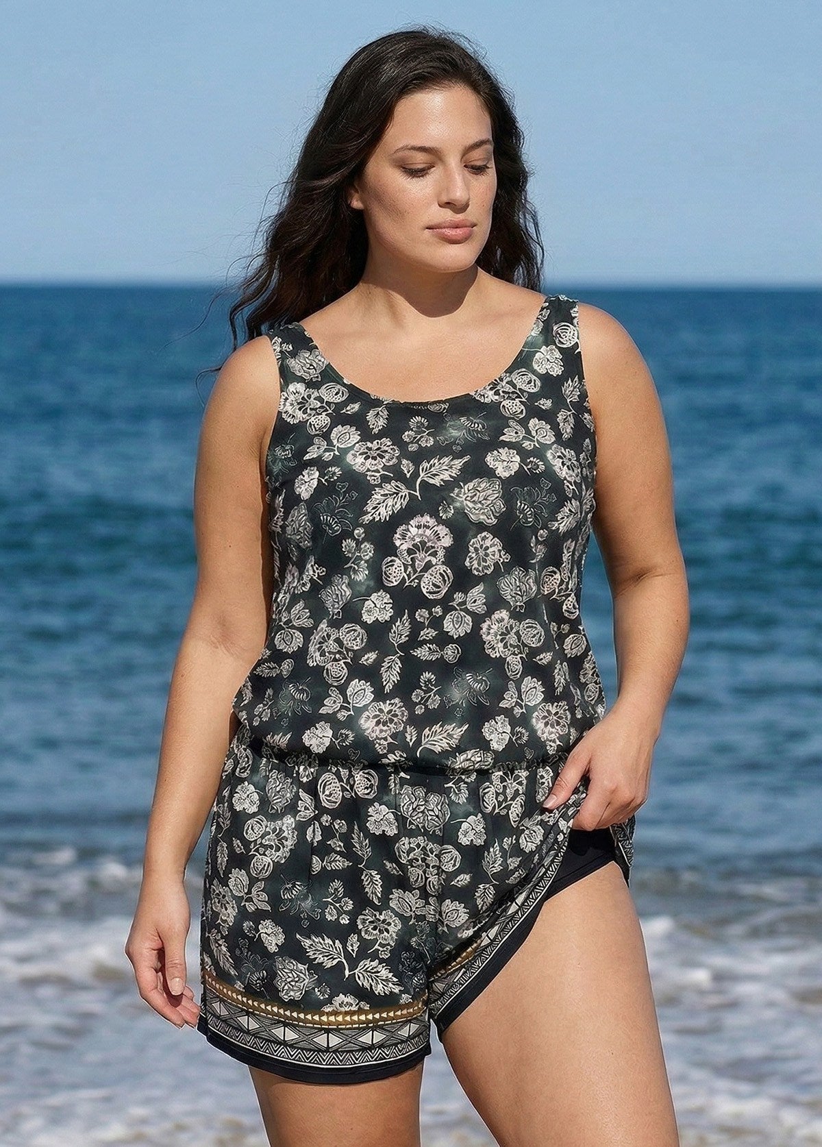 Black Vintage Floral Vintage Wide Straps Pocket Plus Size Swimsuit One Piece Swim Romper