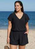 Black Short Sleeves Pocket Curvy 1 Piece Bathing Suits Romper One Piece Swimsuit