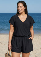 Black Short Sleeves Pocket Curvy 1 Piece Bathing Suits Romper One Piece Swimsuit