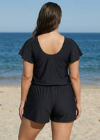 Black Short Sleeves Pocket Curvy 1 Piece Bathing Suits Romper One Piece Swimsuit
