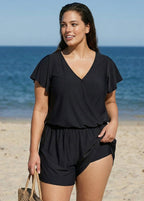 Black Short Sleeves Pocket Curvy 1 Piece Bathing Suits Romper One Piece Swimsuit