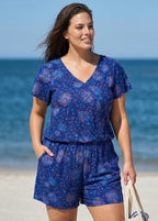 Curvy Navy Blue Floral Print Upf50+ Short Sleeves Pocket Swimsuit One Piece Swim Romper