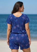 Curvy Navy Blue Floral Print Upf50+ Short Sleeves Pocket Swimsuit One Piece Swim Romper