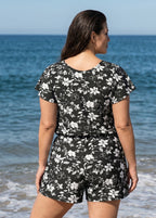 Curvy Black Floral UPF50+ Short Sleeves Pocket Women's Swimsuit One Piece Swim Romper