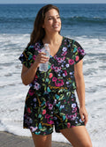 Plus Size Black Floral UPF50+ Short Sleeves Pocket Swimsuit One Piece Swim Romper
