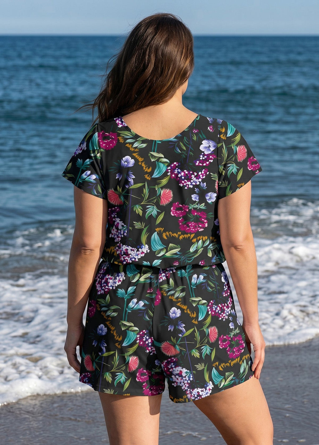 Plus Size Black Floral UPF50+ Short Sleeves Pocket Swimsuit One Piece Swim Romper