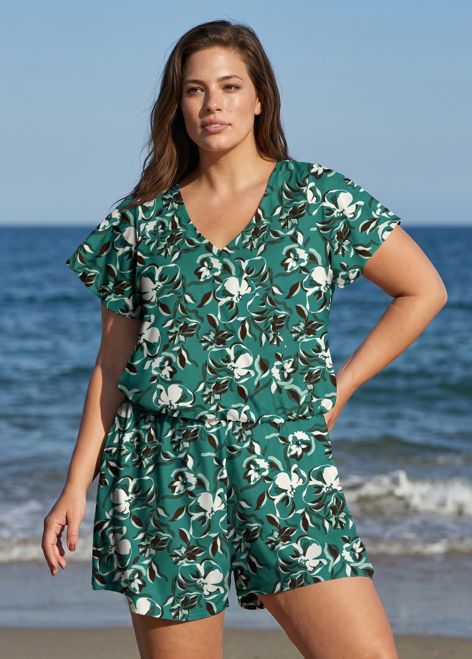 Green Floral UPF50+ Short Sleeves Pocket Curvy Women's Swimsuit One Piece Swim Romper