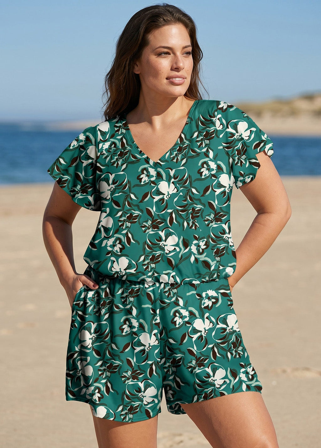 Green Floral UPF50+ Short Sleeves Pocket Curvy Women's Swimsuit One Piece Swim Romper