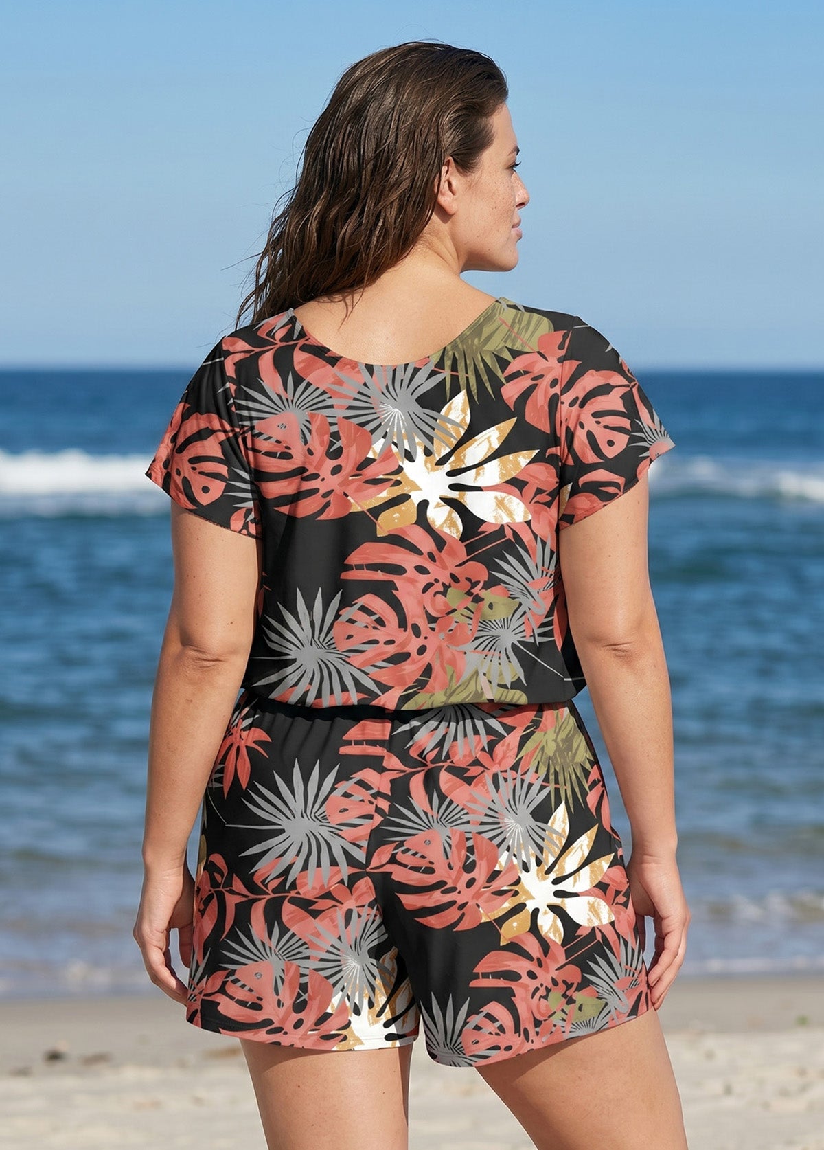 Black Pink Leaf UPF50+ Short Sleeves Pocket Plus Size Swimsuit One Piece Swim Romper
