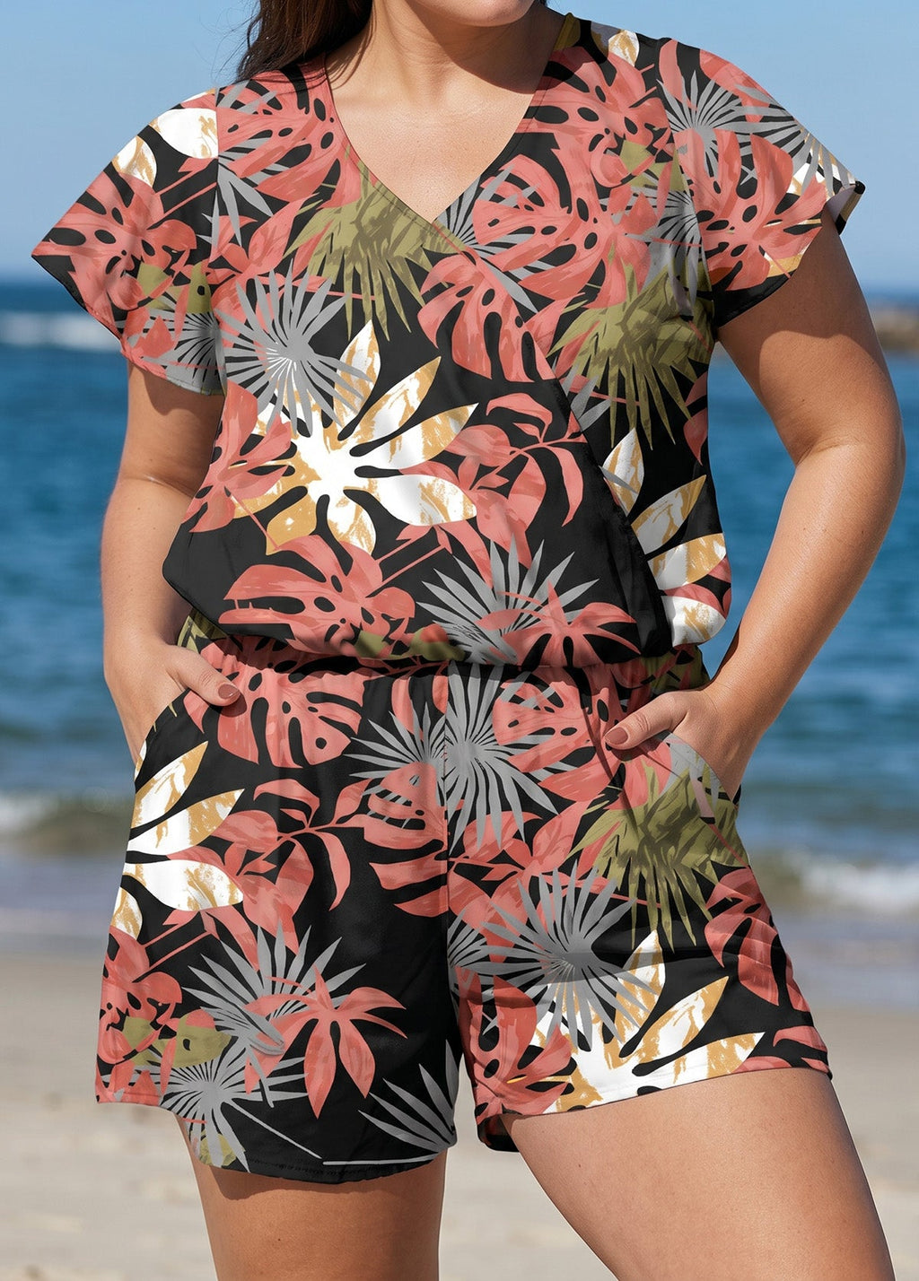 Black Pink Leaf UPF50+ Short Sleeves Pocket Plus Size Swimsuit One Piece Swim Romper