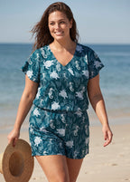 Green Print UPF50+ Short Sleeves Pocket Plus Size Swimsuit One Piece Swim Romper