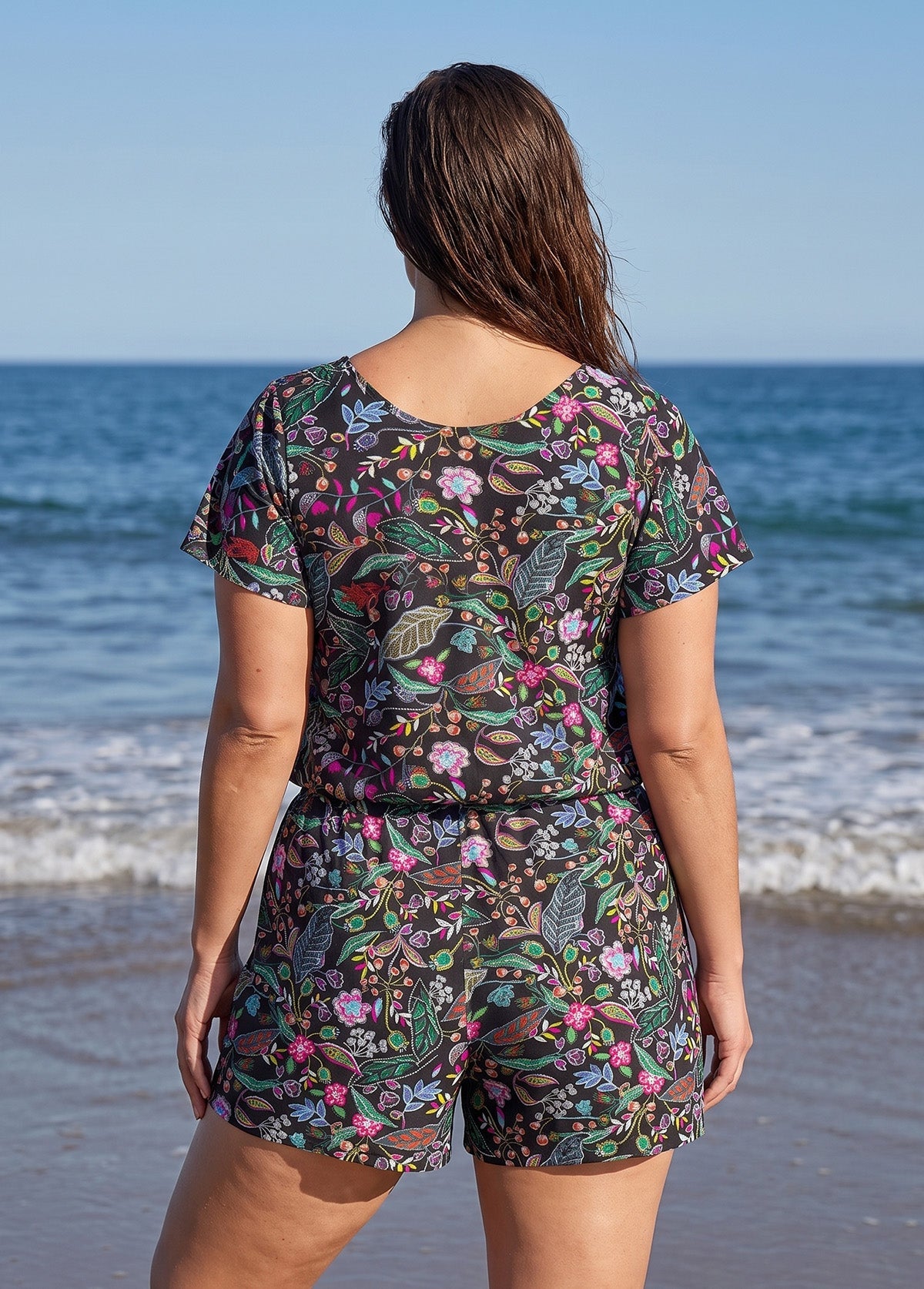Black Floral UPF50+ Short Sleeves Pocket Curvy Swimsuit One Piece Swim Romper