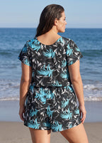 Curvy Black Leaf UPF50+ Short Sleeves Pocket Swimsuit One Piece Swim Romper