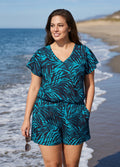 Plus Size Teal Leaf Print UPF50+ Short Sleeves Vintage Pocket One Piece Swim Romper