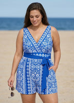 Blue And White Floral V Neck Modest Wrap Pocket Curvy Swimsuit One Piece Swim Romper