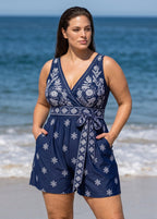 Navy Paisley Print Sleeveless Flattering Wrap Pocket Plus Size Women's One Piece Swim Romper